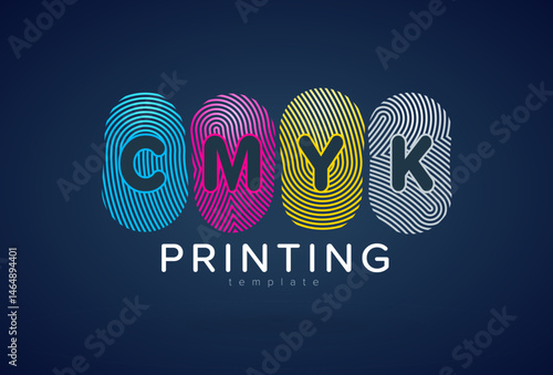 Logo CMYK with fingerprints. Printing theme. Template design vector. Black background