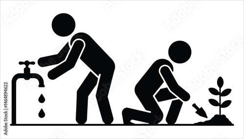 Gardening and Watering Icon - Person Watering Plants and Planting