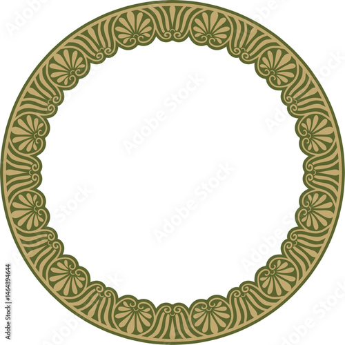 Vector gold with green classic Greek round ornament. Circle of Ancient Greece and the Roman Empire. Byzantine painting of walls, floors and ceilings. Decoration of European palaces.
