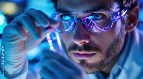 Scientist examining a glowing DNA strand with futuristic glasses in a high-tech laboratory setting.