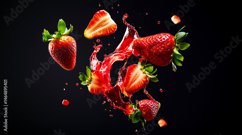 Fresh strawberries bursting, creating a splash of juice against a dark background. Perfect for culinary designs.