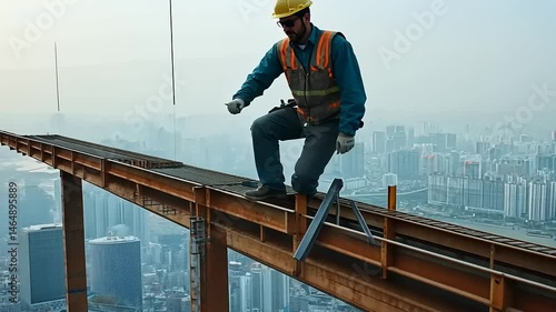 Wallpaper Mural Construction Worker Securing Rebar on High-Rise Building with City Skyline View Torontodigital.ca