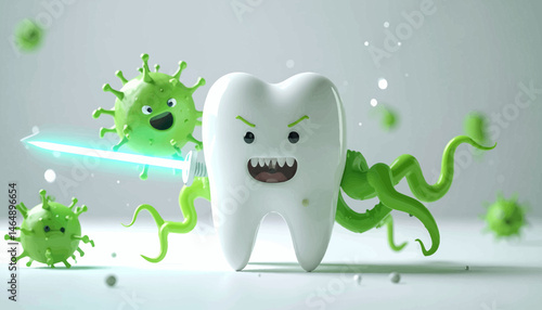 Playful 3 D Illustration Of A Tooth Combating Green Microbes