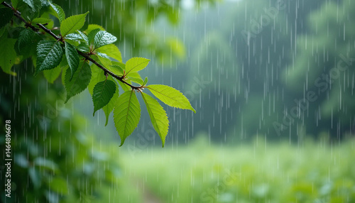 Verdant Leaves in Rain: Glistening raindrops adorn fresh green foliage, showcasing nature's crispness and vitality.