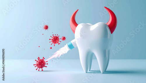 White Tooth With Red Microbes Fighting Illnesses With Oral Hygiene Product On