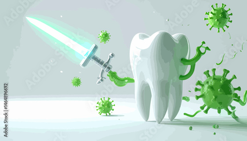 White Tooth With Weapon Fighting Green Microbes In Bright Digital Art