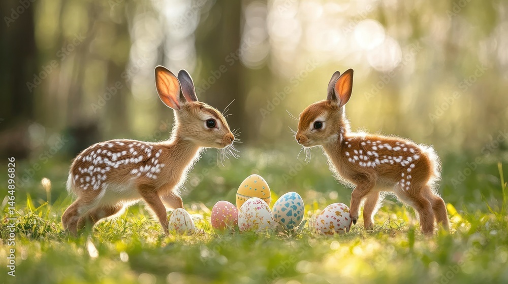 Obraz premium bunny and baby deer playing catch with decorated eggs
