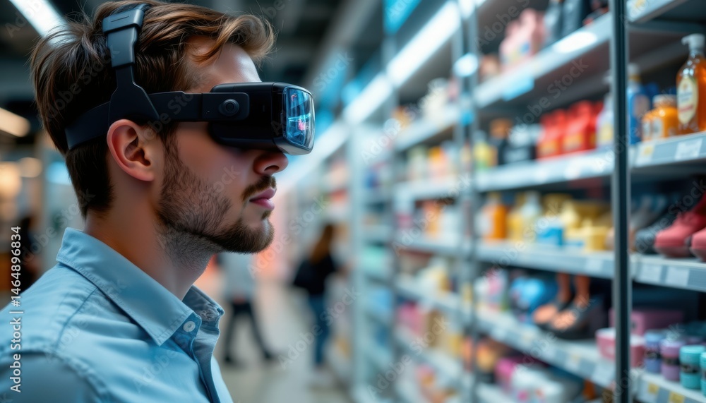 Fototapeta premium Man using augmented reality technology to explore products in retail store modern environment side view perspective