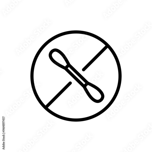 Earwax blockage, ear stick. Forbidden outline sign. Concept of prohibition. Removing earwax, cleaning. Cleaning the auditory canal with a cotton swab. No cotton swabs in ear.