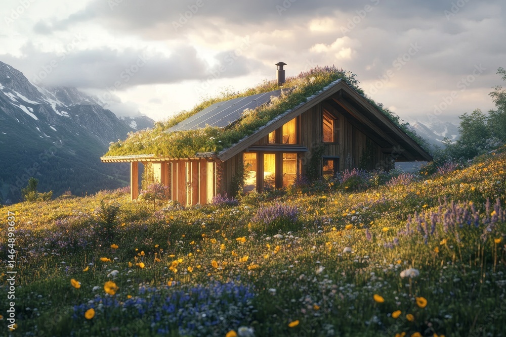 Fototapeta premium Picturesque mountain chalet nestled in a vibrant meadow.