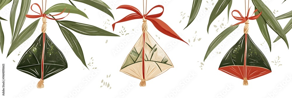 Dragon Boat Festival decorations hanging zongzi dumplings line art illustration. Traditional holiday clip art, card, banner, poster element. Asian style design, isolated vector.