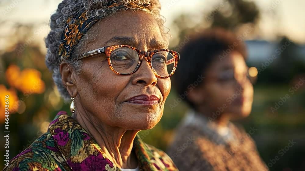 Close-up portrait of a senior woman with gray hair wearing glasses and a patterned jacket, outdoors in soft sunlight. A younger woman is gently blurred in the background Close-up portrait of a senior woman with gray hair wearing glasses and a patterned jacket, outdoors in soft sunlight. A younger woman is gently blurred in the background