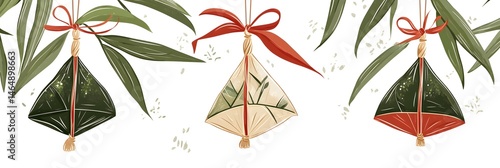Obraz na płótnie Dragon Boat Festival decorations hanging zongzi dumplings line art illustration. Traditional holiday clip art, card, banner, poster element. Asian style design, isolated vector. w salonie
