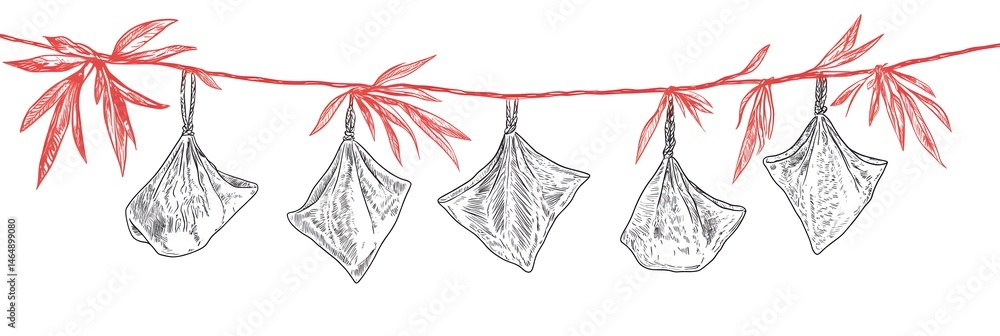 Dragon Boat Festival decorations hanging zongzi dumplings line art illustration. Traditional holiday clip art, card, banner, poster element. Asian style design, isolated vector.