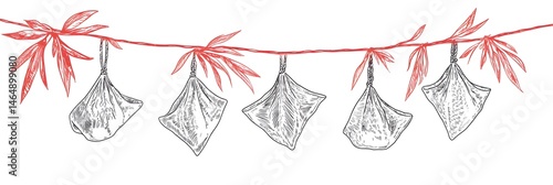 Obraz na płótnie Dragon Boat Festival decorations hanging zongzi dumplings line art illustration. Traditional holiday clip art, card, banner, poster element. Asian style design, isolated vector. w salonie