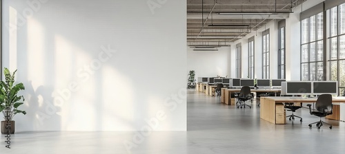 Fototapeta Naklejka Na Ścianę i Meble -  Minimalist office interior with blank wall for poster mockup and bright open workspace featuring modern furniture and natural light

