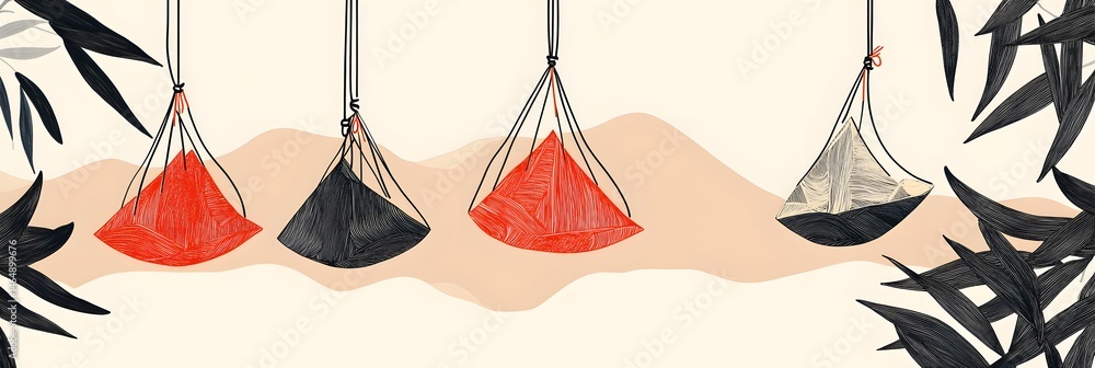 Dragon Boat Festival decorations hanging zongzi dumplings line art illustration. Traditional holiday clip art, card, banner, poster element. Asian style design, isolated vector.
