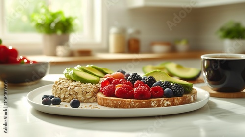 Healthy breakfast flat lay featuring oatmeal, fresh berries, avocado toast, and coffee with a neutral kitchen background, enhanced by bright natural lighting and a clean food