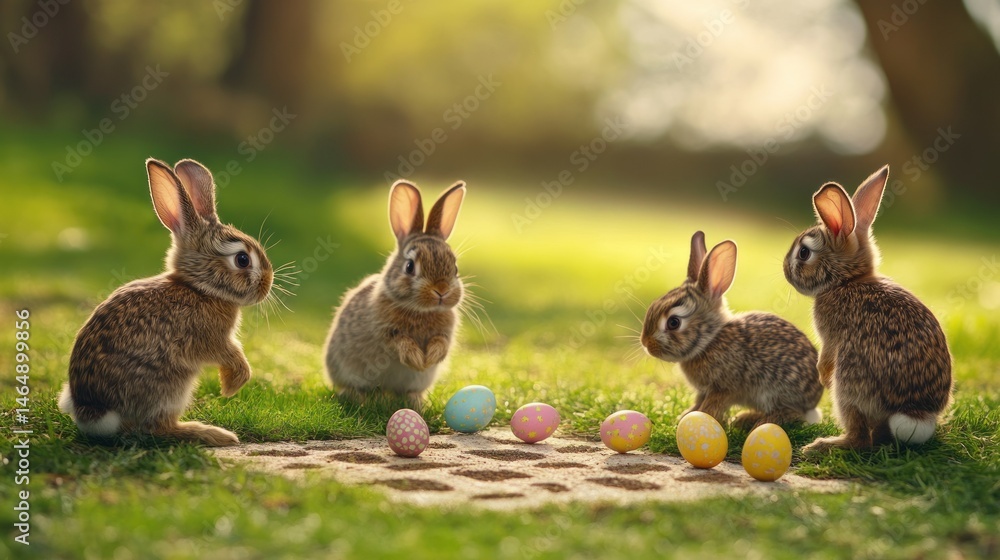 Obraz premium group of bunnies playing hopscotch with painted eggs