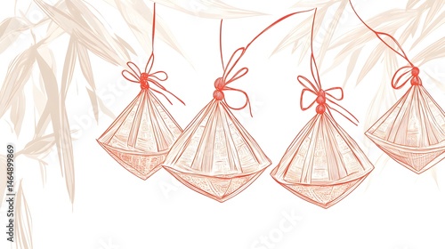 Obraz na płótnie Dragon Boat Festival decorations hanging zongzi dumplings line art illustration. Traditional holiday clip art, card, banner, poster element. Asian style design, isolated vector. w salonie
