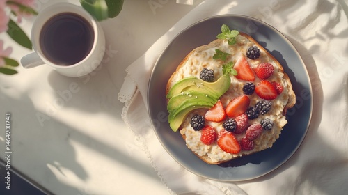 Healthy breakfast flat lay featuring oatmeal, fresh berries, avocado toast, and coffee with a neutral kitchen background, enhanced by bright natural lighting and a clean food