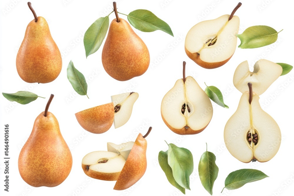 Fresh pears, whole and sliced, with leaves Fresh pears, whole and sliced, with leaves