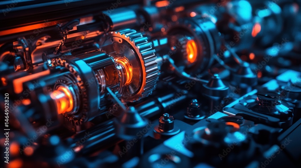 Close-up view of intricate gears and mechanisms, illuminated with vibrant colors. Close-up view of intricate gears and mechanisms, illuminated with vibrant colors.