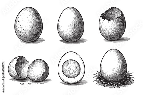 egg farm set woodcut engraving vector illustration