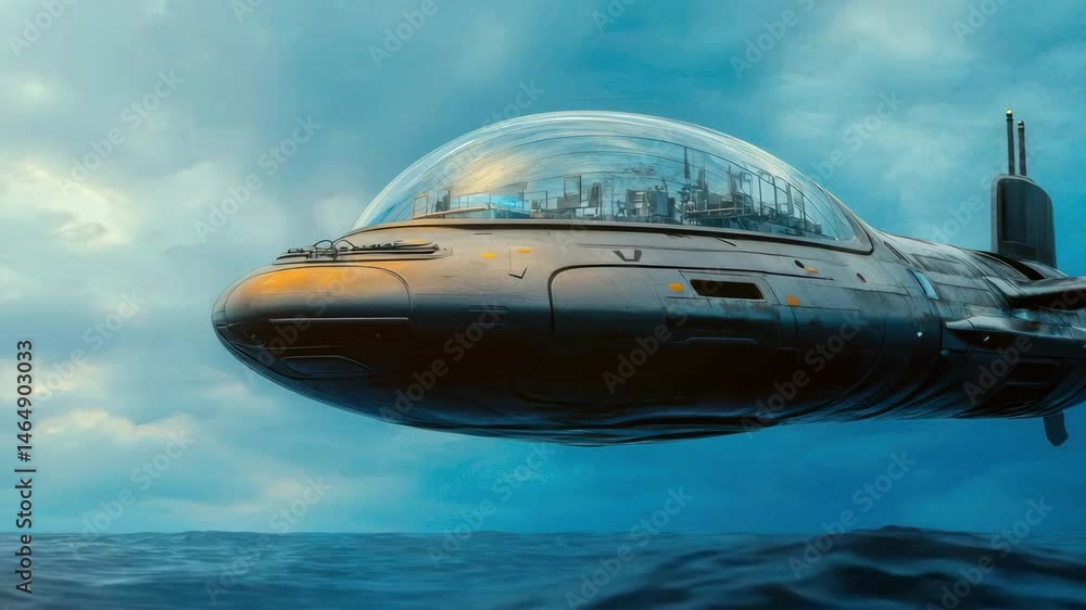 Futuristic submarine with transparent dome hull floats above ocean water under cloudy sky Futuristic submarine with transparent dome hull floats above ocean water under cloudy sky