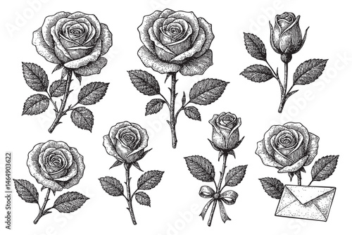 rose flower set woodcut engraving vector illustration