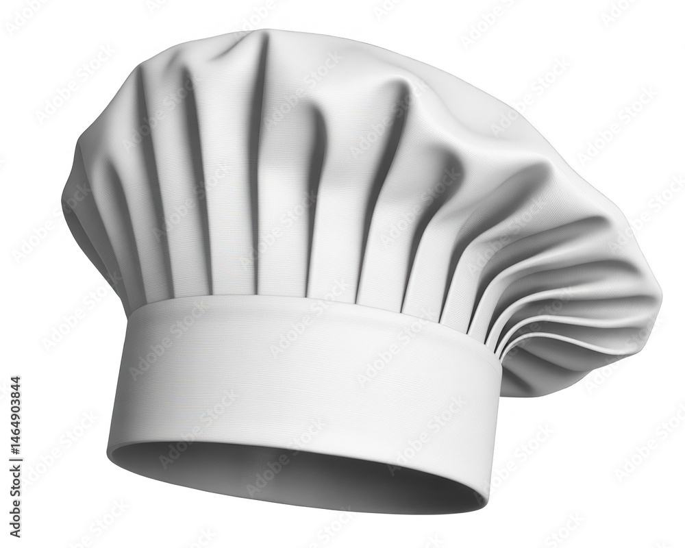 Obraz premium A white chef hat with pleats and a cylindrical base isolated on a black background in a studio shot