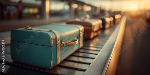 Teal vintage suitcase on baggage carousel, warm sunset light, conveying themes of travel, journey, and nostalgia