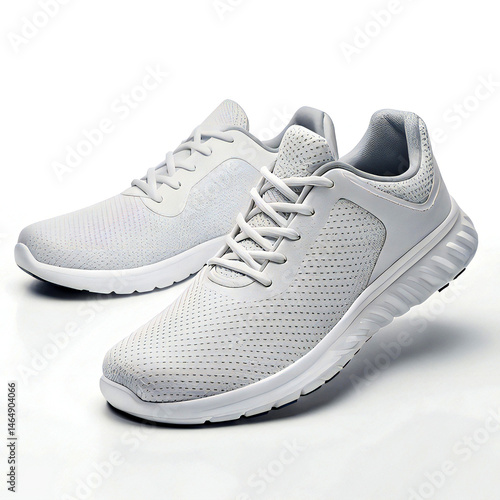 Running shoes pair, side angle on white background with soft shadows and detailed texture
