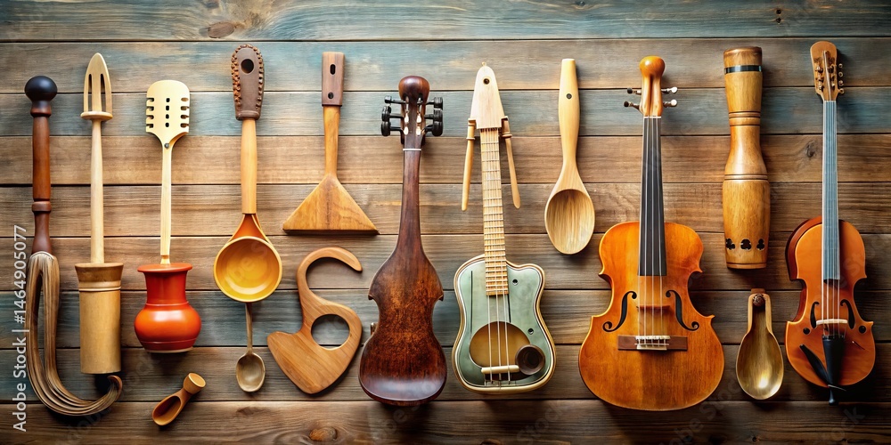Naklejka premium A Collection of Handcrafted Wooden Utensils and Stringed Instruments Arranged on Rustic Wooden Surface