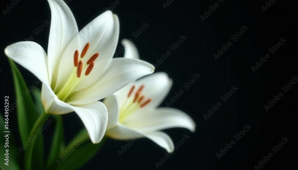 Close-up, pristine white lilies against deep black , symbol, white, photography Close-up, pristine white lilies against deep black , symbol, white, photography