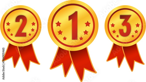 gold medal ribbon award badge with number 1, number 2, number 3 in red, shiny golden circle design with stars, second place vector icon for competitions, ranking, sports, achievements, or contests