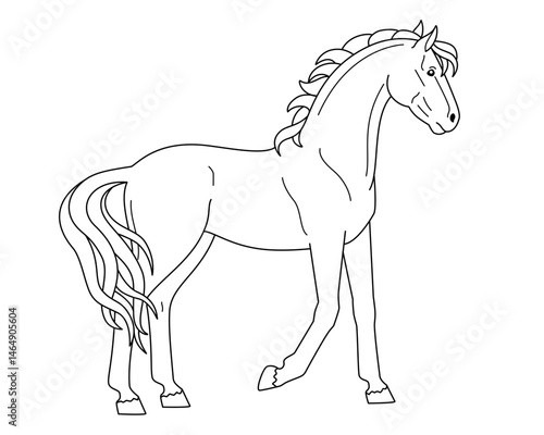 Horse, domestic animal symbol 2026 - vector linear picture for coloring. Outline. Stallion is a thoroughbred graceful animal with a long tail.