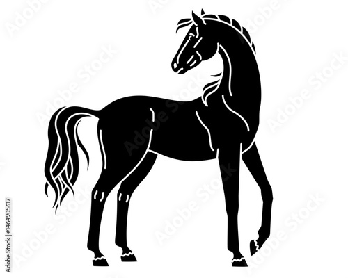 Horse, domestic animal symbol 2026 - vector silhouette image for stencil, logo or pictogram. Mare thoroughbred graceful animal with long tail for print or stencil