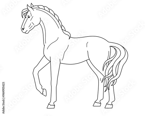 Horse, domestic animal symbol 2026 - vector linear picture for coloring. Outline. Mare thoroughbred graceful animal with a long tail for a coloring book