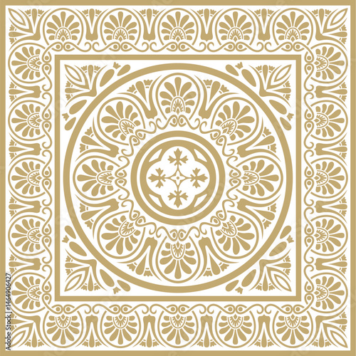 Vector golden classic Greek square ornament. Rectangle of Ancient Greece and Roman Empire. Byzantine painting of walls, floors and ceilings. Decoration of European palaces.
