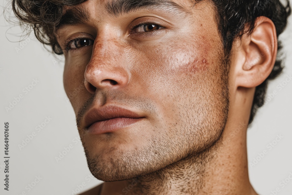 Obraz premium High-resolution close-up portrait of a young man with irritated skin and redness on his cheek caused by shaving razor burn. 