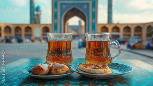 Two glasses of Persian tea with a plate of food in front, set against Isfahan’s traditional mosque backdrop