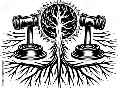 SVG vector illustrating AI driven solutions for sustainability. Justice Symbols with Gavel and Tree in Black and White Design