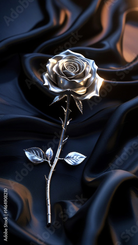 Elegant Silver Rose on Dark Satin Fabric