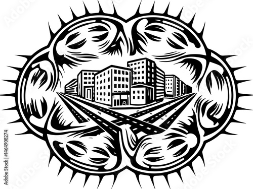 SVG vector illustrating AI driven solutions for sustainability. Abstract Black and White Cityscape Illustration with Spiky Border