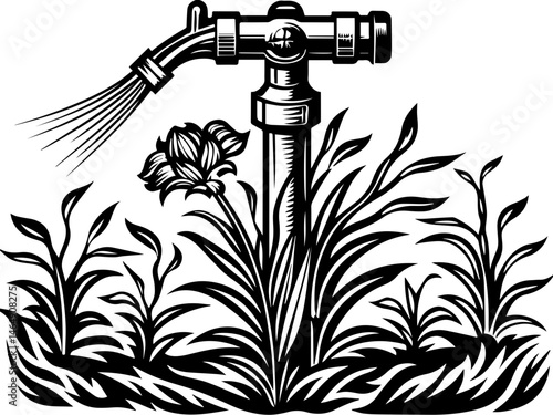 SVG vector illustrating AI driven solutions for sustainability. Vintage Black and White Water Pump Spraying Water on Flowers