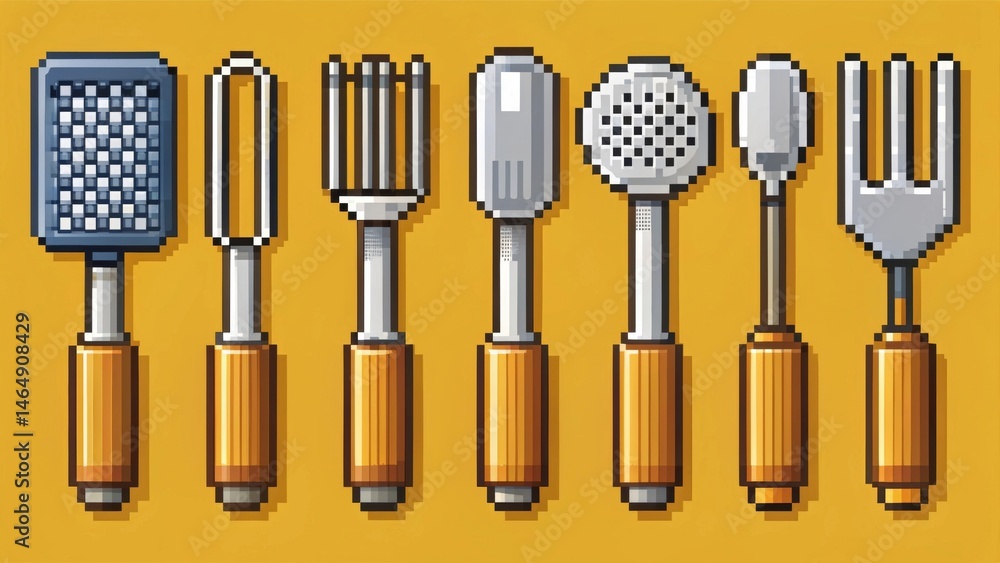 A Collection of Pixel Art Kitchen Utensils with Golden Handles on a Mustard Yellow Background A Collection of Pixel Art Kitchen Utensils with Golden Handles on a Mustard Yellow Background