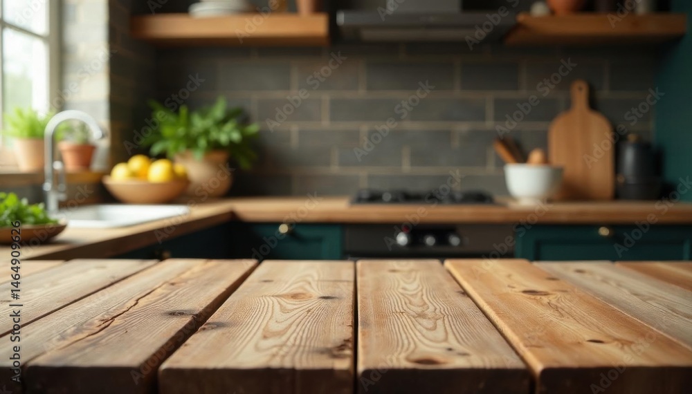 Rustic wooden table, blurred kitchen backdrop, cooking, scene Rustic wooden table, blurred kitchen backdrop, cooking, scene