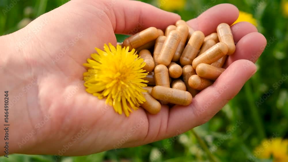 Dandelion extract and homeopathic supplements. Selective focus. Dandelion extract and homeopathic supplements. Selective focus.