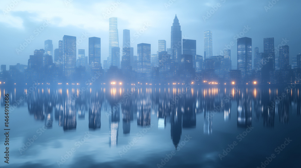 Fototapeta premium City skyline reflected in serene water at dawn
